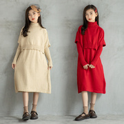 秋冬女童连衣裙套装中大儿童，时髦洋气针织毛衣，裙子披肩背心两件套