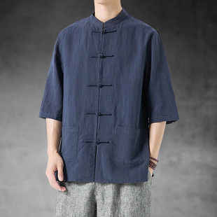 新中式男装亚麻短袖衬衫，男夏季民国风汉服道袍，外套中山装唐装马褂