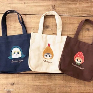 日本卡通可爱鲨鱼猫咪草莓炸虾猫，帆布手提包大容量，旅行便携便当袋