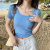 圆领短袖T恤女夏季2024年纯色正肩半袖体恤修身短款蓝色上衣