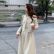 米白色名媛小香风套装裙女春2023法式高级感气质连衣裙两件套