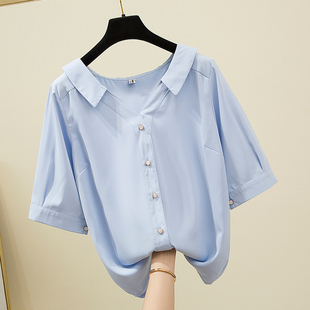 胖mm大码短袖雪纺衬衫，女设计感小众，夏季宽松遮肚蓝色衬衣显瘦上衣