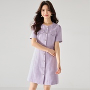 2024夏季紫色小香风，短袖连衣裙轻奢名媛气质，通勤显瘦连衣裙