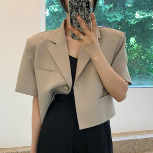 韩国chic夏季法式复古西装领一粒扣设计宽松百搭短款西服外套女