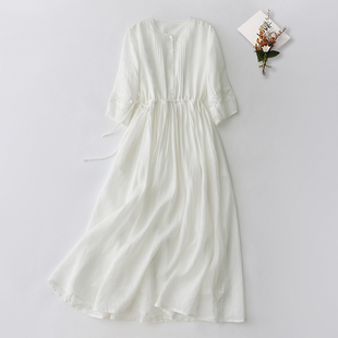 小菲家~温柔风气质白色，连衣裙苎麻圆领设计感飘逸纯色大摆裙子女