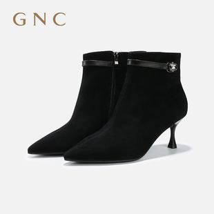 gnc尖头细跟时装短靴女2023冬侧拉链皮带扣，优雅百搭通勤女靴