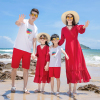 海边度假亲子装一家三口母女装沙漠红色连衣裙沙滩裙洋气带袖长裙