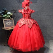 中式改良旗袍大红色公主裙，摄影儿童模特走秀中国风表演服