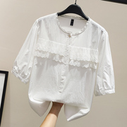 纯棉白色衬衫女2023夏装拼接花边，蕾丝上衣五分袖圆领宽松衬衣