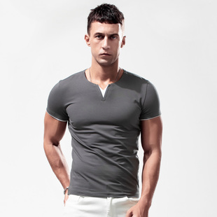 男短袖t恤假两件v领紧身纯棉纯色夏季体恤，弹力修身男士白色打底衫