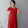shooya原创《初妆》正红色，韩国复古蕾丝连衣裙，领证订婚礼服敬酒服