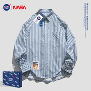 NASA男士长袖条纹衬衫2024春季内搭宽松休闲蓝色外套衬衣情侣