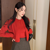 韩国chic冬季法式复古圆领修身显瘦针织衫+单排扣长袖纯色外套女