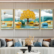 客厅装饰画沙发背景墙轻奢壁画，三联石来运转现代简约中式水晶挂画