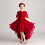 儿童礼服公主裙女童蓬蓬，纱前短后长，红色花童主持人钢琴演出服洋气