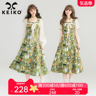 keiko薄荷曼波风油画，碎花连衣裙2024夏季法式度假方领显瘦长裙子