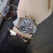 日历水钻耐用时尚guou士六针多功能玫瑰金镶钻(金镶钻)手表灰色皮带女