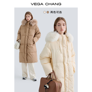 VEGA CHANG狐狸毛领羽绒服女2023年冬加厚保暖连帽面包服外套