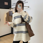 冬季韩版圆领条纹慵懒风，宽松加厚套头，毛衣针织内搭上衣女2023