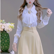 公主家3727韩版气质荷叶，边雪纺衬衫长袖，衬衣+高腰半身裙两件套装