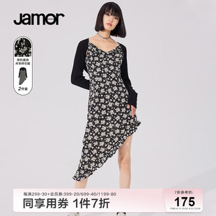 Jamo女装套装碎花吊带裙针织衫两件套女不规则小众裙摆潮