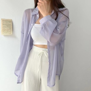 韩国chic气质长袖，薄款防晒衫女夏季雪纺衬衫外套空调衫白上衣