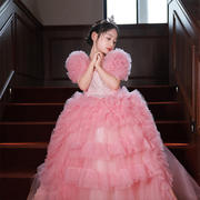 裙模特走秀礼服童冬季粉色欧美风儿童钢琴演出服装拖尾花童女公主