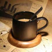 欧式咖啡厅磨砂创意马克杯，带勺黑色咖啡杯配底座，简约水杯子