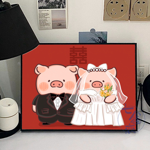 新婚猪猪情侣数字油画，diy填充涂色手工绘可爱小猪结婚礼物装饰画