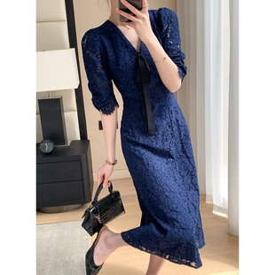 蕾丝连衣裙女大码夏季蓝色绝美名媛法式复古气质裙子轻奢高端