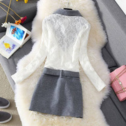 高货秋冬韩版衬衣领假两件加绒蕾丝连衣裙，修身大码拼接毛呢包