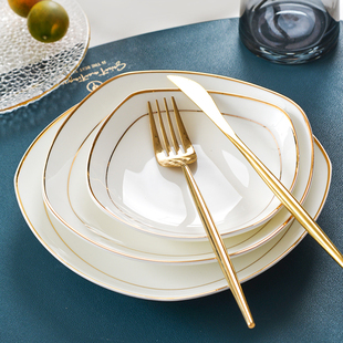 单个盘子菜盘家用骨瓷陶瓷炒菜盘子方形金边碟子异型餐具深盘餐盘