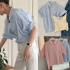 完形填空 ounce韩系男友衬衣清新蓝色粉色单排扣条纹短袖衬衫女