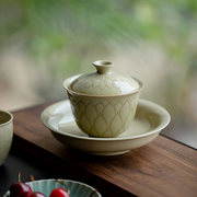 蜜合釉浮雕莲瓣复古三才盖碗茶杯单个家用功夫，茶具陶瓷防烫泡茶碗