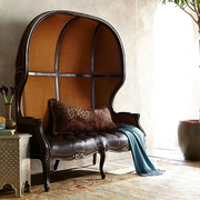 法式古典真皮高背太空椅欧式时尚皮艺蛋壳椅美式实木双人沙发