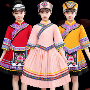六一节儿童苗族服装表演广西壮族舞蹈服男女，彝瑶族少数民族演出服