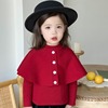 韩系女童红色毛衣2024儿童，假两件斗篷，上衣女宝宝可爱针织衫潮