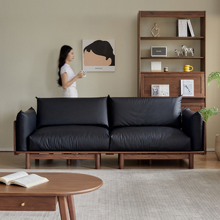 北欧实木沙发单人双人三人，现代简约客厅布艺，牛皮组合日式黑胡桃木