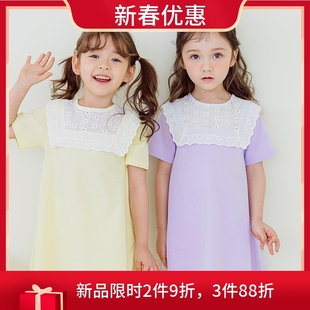 韩国童装2023夏款女童连衣裙白色，提花蕾丝披肩，领短袖连身裙中长裙