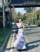 2024刘亦菲同款紫色蛋糕裙伴娘礼服婚纱设计仙气生日宴会演出年会