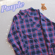 阿虎兔古屋 纯棉复古娃娃领紫色格子衬衫女学生宽松衬衣长袖