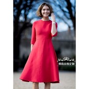 高端定制红色中款A字连衣裙圆领修身款五分袖高腰优雅时尚大气新