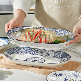 日式长方鱼盘家用陶瓷深鱼盘创意鱼盘子复古餐盘蒸烤餐具鱼碟