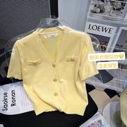 小香风黄色冰丝针织开衫，短袖t恤女夏季法式高级感薄款短款v领上衣