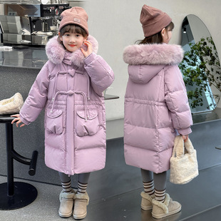 2024新款冬装女童羽绒棉服连帽大毛领加厚外套女孩中大童保暖棉衣