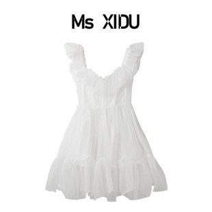 Ms XIDU 原创设计月光迷你裙超仙超乖蓬蓬连衣裙半透明荷叶边大摆