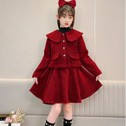 女童红色套装裙冬季儿童年服小香风外套半身短裙新年装拜年裙