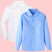 女童白色衬衫春秋小学生，纯棉圆领寸衣校服，女孩中大童长袖蓝色衬衣