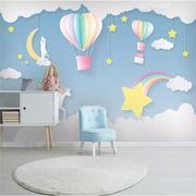 网红儿童房背景墙壁纸壁画，卧室气球女孩公主，墙纸蓝色天空爱心男孩