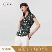 抽象笔刷印花OVV春夏女装飘带包袖系带短袖衬衫